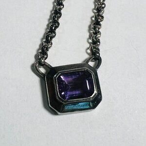 Vtg Unique Emerald Cut Amethyst Pendant Necklace 925 Box Chain @Bocco Jewelry